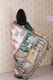 Green Tussar Silk Bold Kalamkari Figure Printed Saree with Zari Woven Border