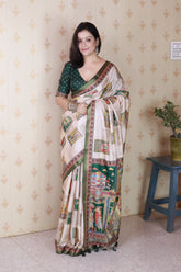 Green Tussar Silk Bold Kalamkari Figure Printed Saree with Zari Woven Border