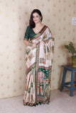 Green Tussar Silk Bold Kalamkari Figure Printed Saree with Zari Woven Border