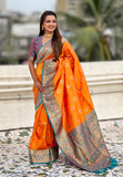 Orange Soft Silk Saree with Sunflower Butta Meenakari Zari Woven Saree