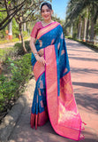 Peacock Blue Soft Silk Contrast Gold Zari Woven Saree