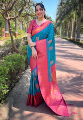 Teal Blue Soft Silk Contrast Gold Zari Woven Saree