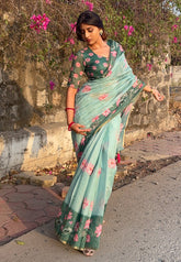 Monika in our Sea Green Chanderi Cotton Pichwai Printed Saree with Zari Woven Border
