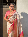 Cream Soft Silk Paithani Zari Woven Saree