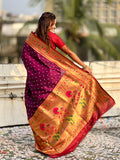 Wine Zari Woven Bandhani Paithani Fusion Silk Saree
