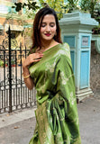 Mehendi Green Banarasi Jaal Soft Silk Zari Woven Saree