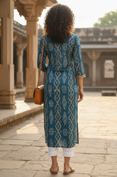 Turquoise Cotton Jaipuri Floral Printed Kurti