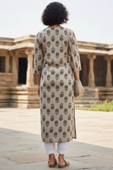 Beige Cotton Jaipuri Floral Printed Kurti