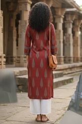 Maroon Cotton Jaipuri Floral Printed Kurti