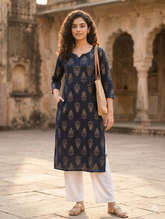 Navy Blue Pure Cotton Jaipuri Floral Printed Kurti