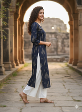 Navy Blue Pure Cotton Jaipuri Floral Printed Kurti