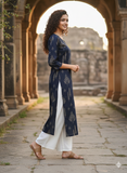 Navy Blue Pure Cotton Jaipuri Floral Printed Kurti