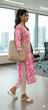 Baby Pink Pure Cotton Jaipuri Floral Printed Kurti