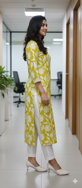 Parrot Green Pure Cotton Jaipuri Floral Printed Kurti