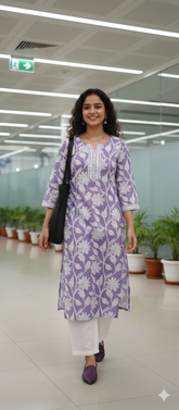 Lavender Pure Cotton Jaipuri Floral Printed Kurti