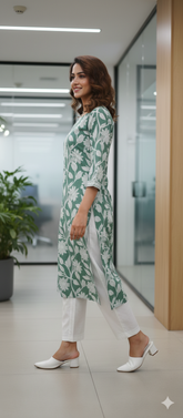 Sage Green Pure Cotton Jaipuri Floral Printed Kurti