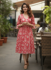Red Rose Reverie Pure Cotton Jaipuri Printed Western Dress