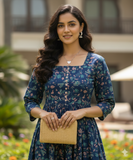 Blue Garden Delight Pure Cotton Jaipuri Printed Western Dress