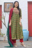 Green & Red Pure Cambric Cotton Embroidered Kurta Set With Dupatta - GunjFashion