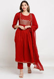 Maroon Rayon Floral Embroidered Kurta Set With Dupatta