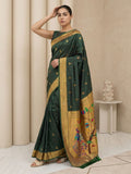 BGreen Paithani Silk Saree with Jhumka Zari Motifs, Meenakari Peacock Pallu and Triple Muniya Border