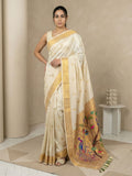 Cream Paithani Silk Saree with Jhumka Zari Motifs, Meenakari Peacock Pallu and Triple Muniya Border