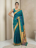 PGreen Paithani Silk Saree with Jhumka Zari Motifs, Meenakari Peacock Pallu and Triple Muniya Border