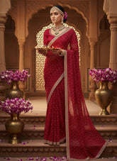 Red Organza Satin Silk Karwa Chauth Saree with Scallop Embroidery and Stone Work