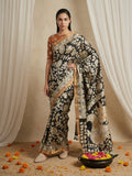 traditional kalamkari saree with peacock printed pallu and tassels