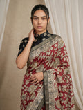 traditional silk saree with peacock printed pallu and tassels