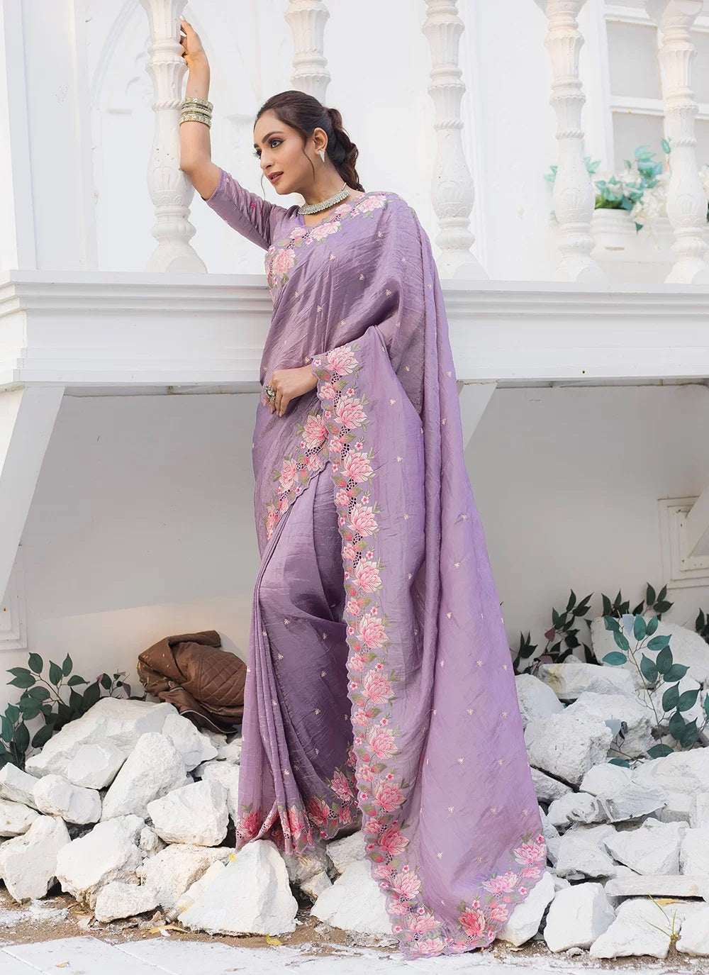 Lavender silk saree with embroidery and cut work border, paired with matching butti blouse – designer wedding wear.