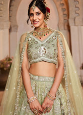 Lime Green Tissue Party Wear Lehenga for Women with Moti & Sequins Embroidery