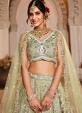 Lime Green Tissue Party Wear Lehenga for Women with Moti & Sequins Embroidery
