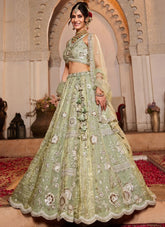 Lime Green Tissue Lehenga for Women – Party Wear with Moti & Sequins Embroidery