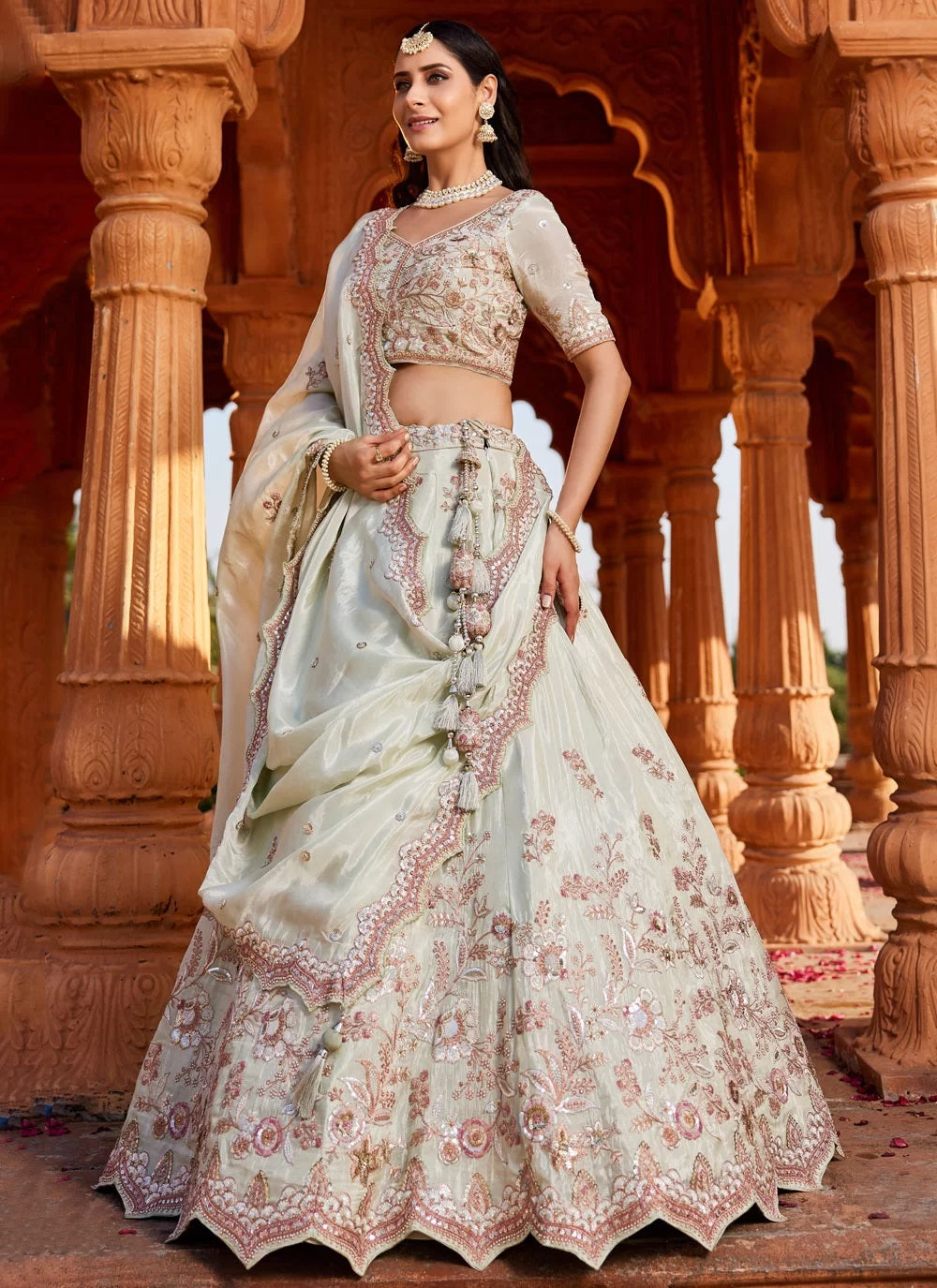 Lime Green Tissue Bridal Lehenga with Moti & Sequins Work