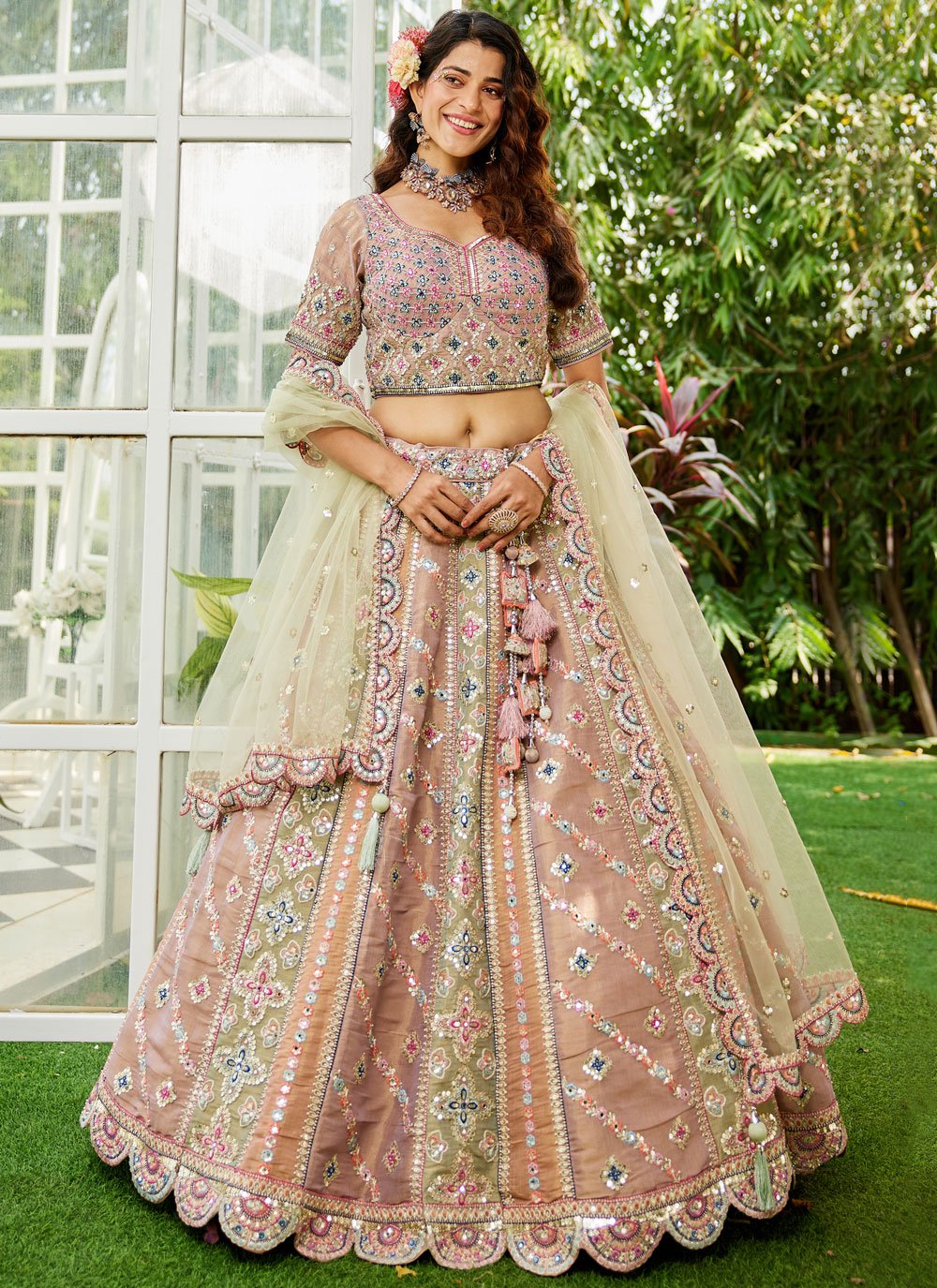 Lime Green Net Wedding Lehenga with Gotapatti Work