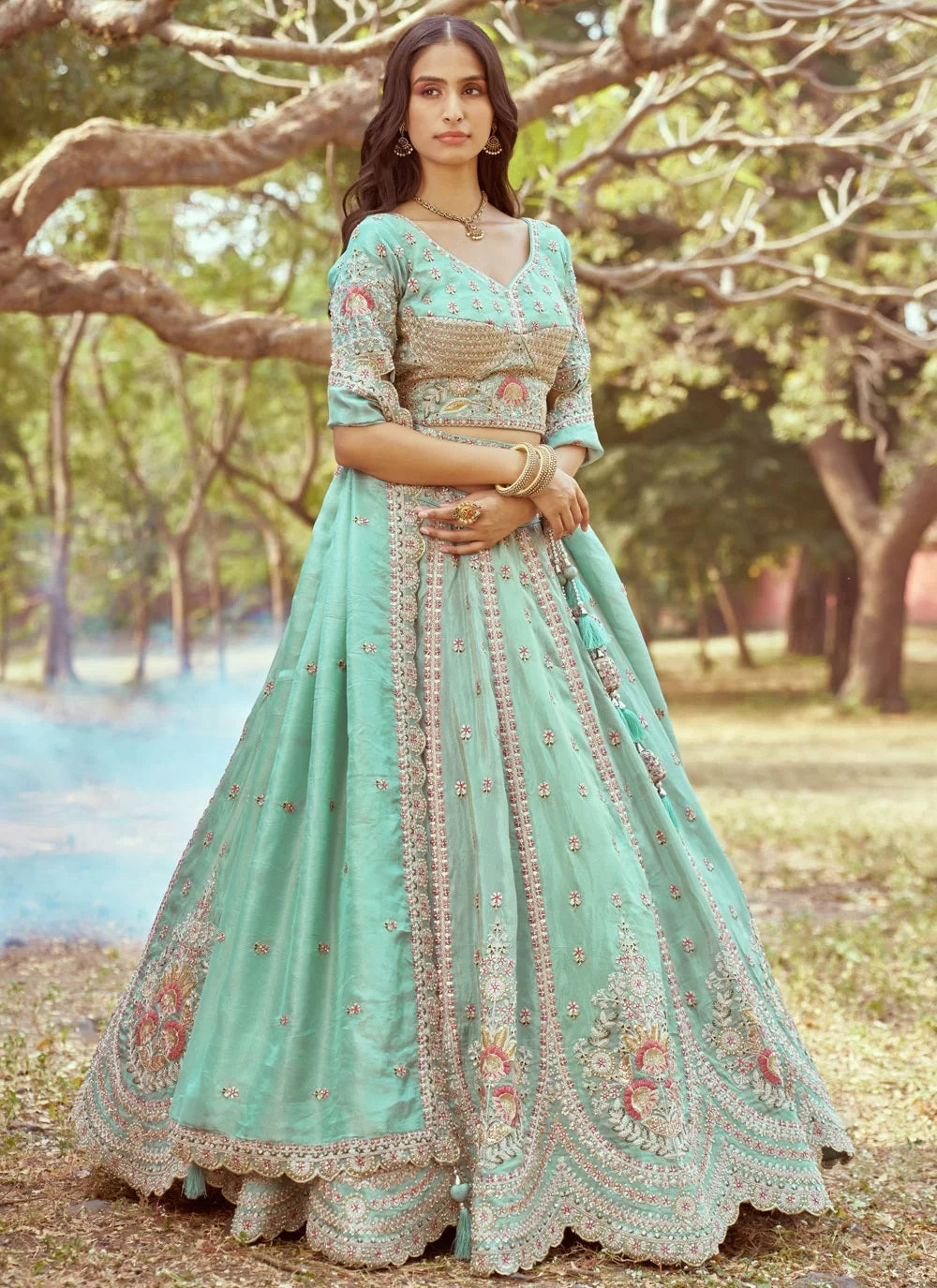 Hand-embellished seagreen festive lehenga