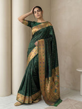 Bottle Green Soft Silk Paithani Meenakari Saree Tilak Zari Woven Motifs Temple Border Saree With Brocade Blouse