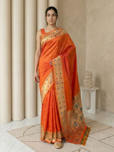 Orange Soft Silk Paithani Meenakari Saree Tilak Zari Woven Motifs Temple Border Saree With Brocade Blouse
