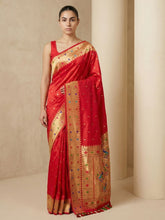 Red Soft Silk Paithani Meenakari Saree Tilak Zari Woven Motifs Temple Border Saree With Brocade Blouse