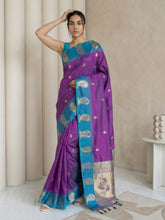 Purple Soft Silk Paithani Saree Meenakari Peacock Motifs Zari Woven Swan Pallu Saree With Brocade Blouse