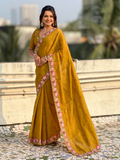 Mustard Pure Crush Embroidered Saree with Multicolor Floral Motifs and Cutwork Border