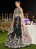 Majestic black satin silk bridal lehenga set with nude dupatta