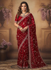 Radiant red satin silk saree with zari and handwork embroidery