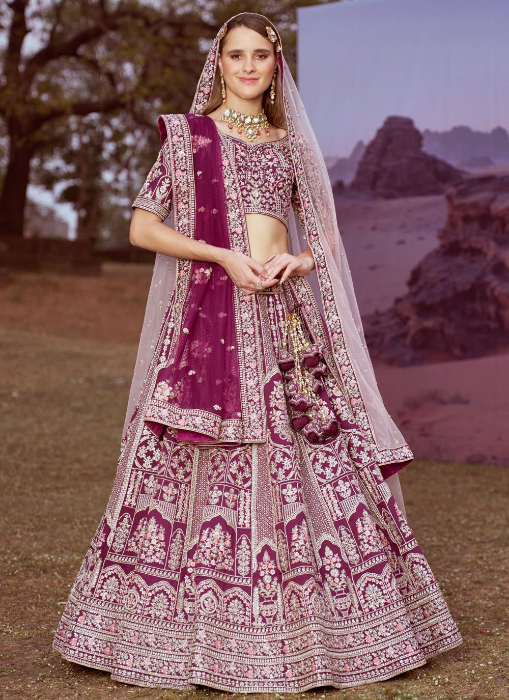 Purple Bridal Silk Lehenga with Stones