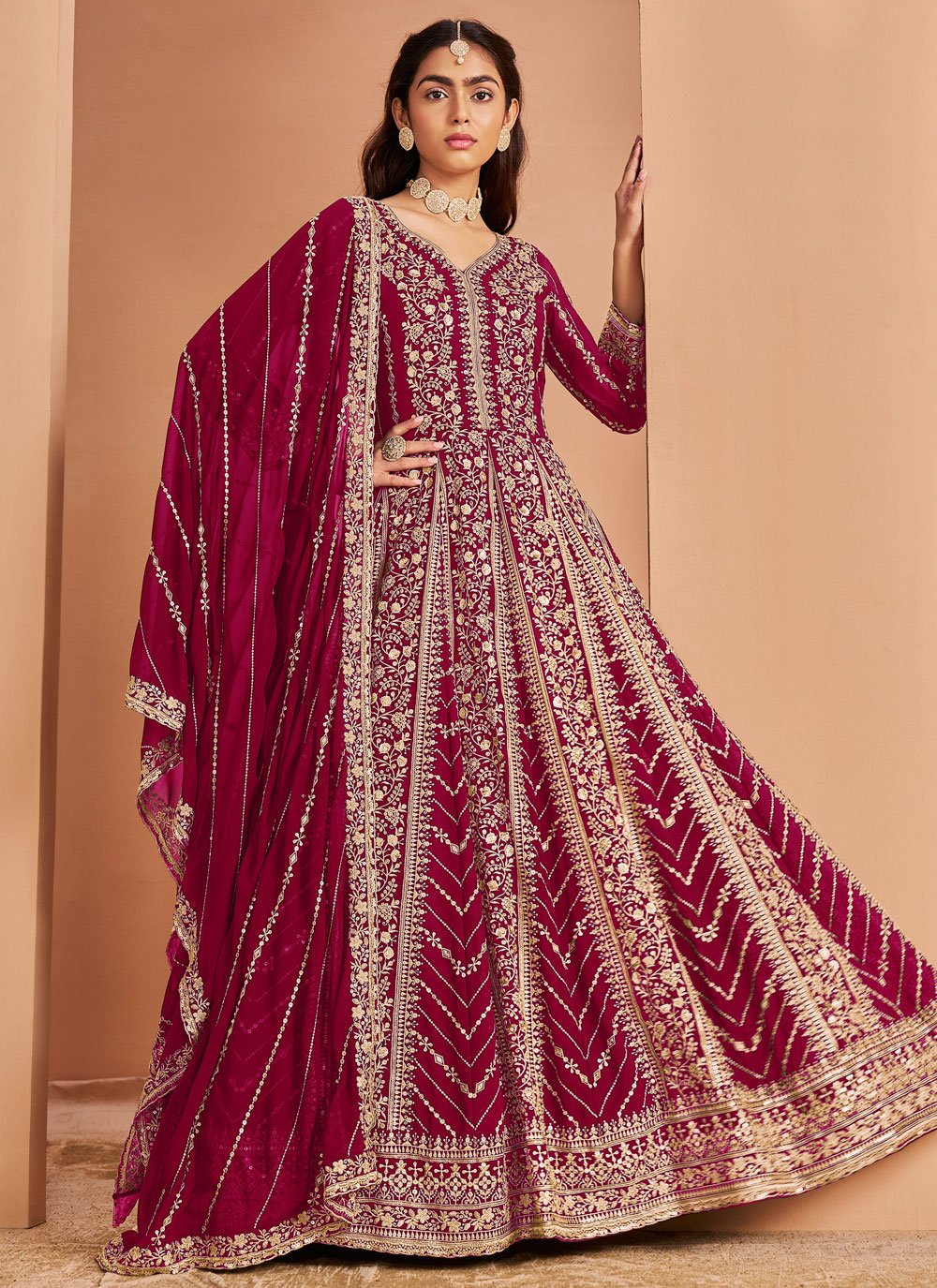 Maroon Abaya Style Suit – Embroidered Full Flair Anarkali