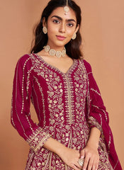 Maroon Embroidered Faux Georgette Abaya Style Suit for Women