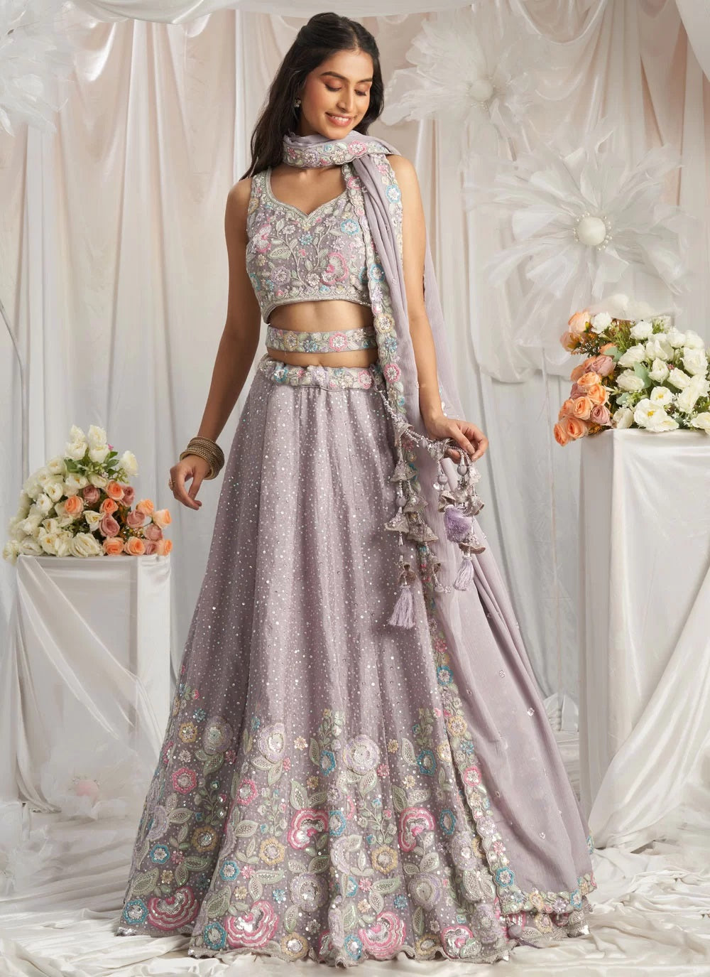 Elegant Mauve Sangeet Lehenga in Poly Chiffon with Multicolor Sequins Embroidery