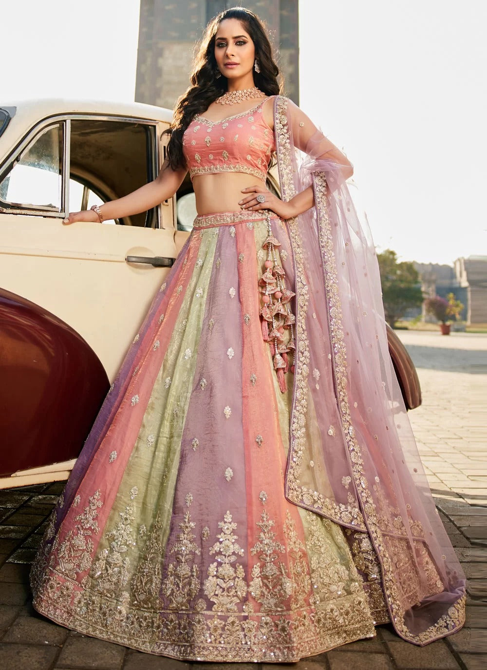 Multi colour tissue lehenga choli