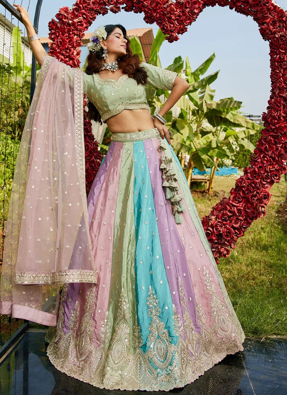 Multicolor Organza Lehenga for Reception with Sequins Work